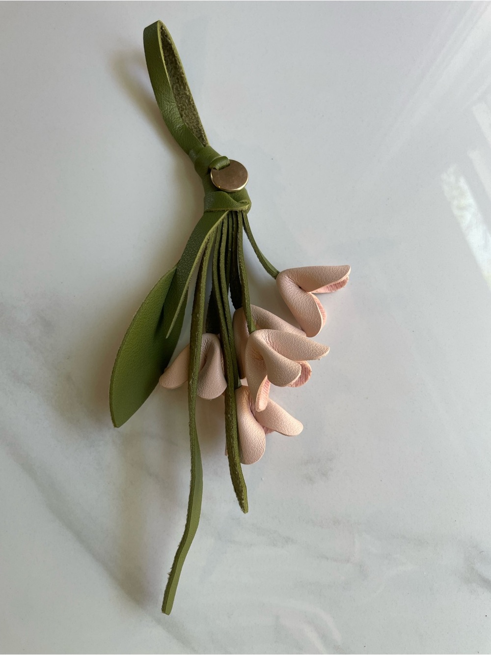 Olive Green Leather Tassel Keychain Bag Charm with Blush Pink Petal Accents